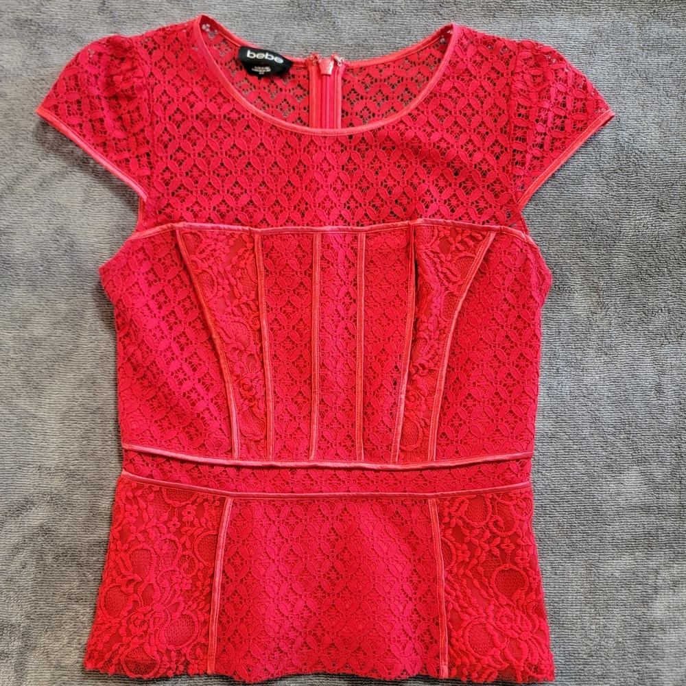 Bebe Women's Red Lace Peplum Corset Top Size Medium